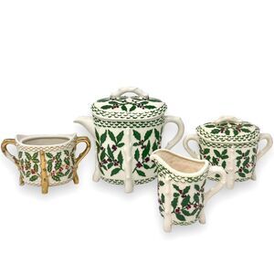 Vintage 1960 Holland Mold Holly & Berries Teapot Creamer Sugar Bowl 4-Piece Set